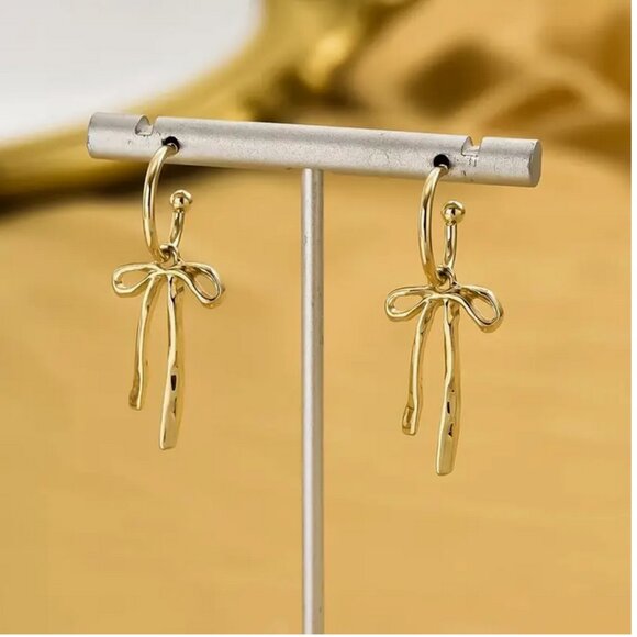 Delicate Gold Bow Dangle Stud Earrings - Picture 3 of 6